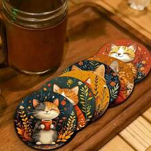 6pcs Wooden Heat-Resistant Coasters, Printed With Cat And Floral Patterns, Suitable For Home, Cafe And Afternoon Tea Use. These Non-Slip Heat-Resistant Coasters Are The Perfect Choice For Holiday Gifts - View 1