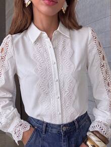Vuslat Women's Autumn French Collar Hollow Lace Patchwork White Blouse, Suitable For Commuting, Office, Dating, Graduation, Gathering, Afternoon Tea - White - View 4