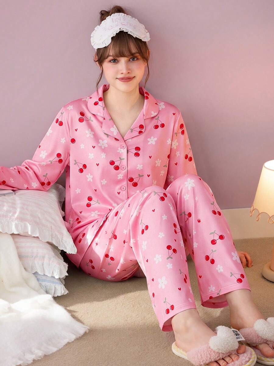 Gongdie 2pcs Women's Pajama Set, Autumn/Winter Pink Soft Silky Satin Cherry & Floral Print Loungewear With Pockets - Pink - View 1