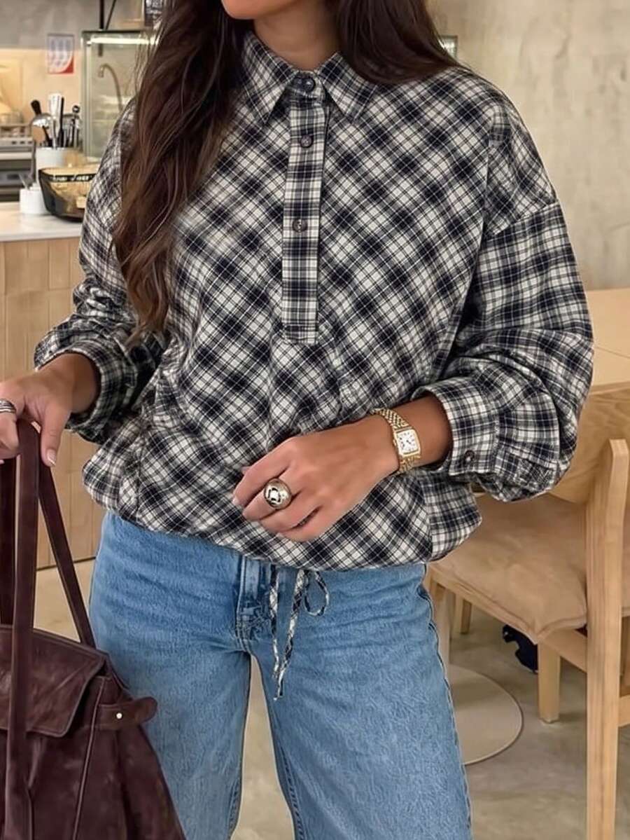Women's Casual Long Sleeve Plaid Polo Collar Shirt - Black and White - View 1