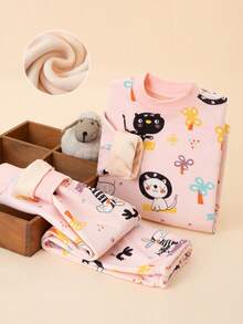 女童粉色動物卡通印花抓絨內裡保暖內衣家居服套裝，秋冬加厚保暖睡衣 - 粉色 - 查看 15