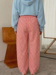 Plaid Print Button Pleated Long Pants For Vacation - Red Apricot Plaid - View 7