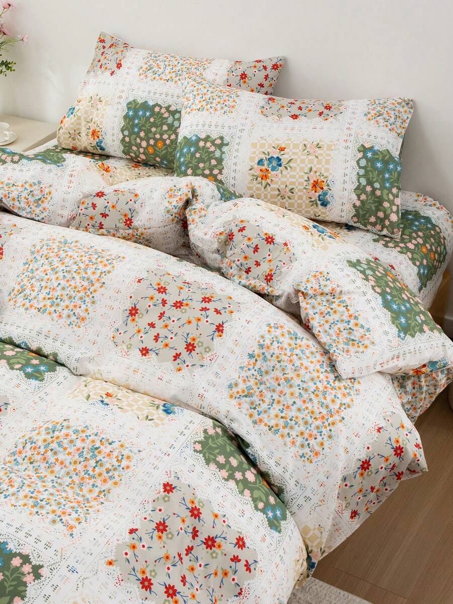 3pcs Down Comforter Cover Set, Pastoral Fresh Floral Pattern, Set Includes 1 Duvet Cover With 4 Corner Ties And Zipper + 2 Matching Floral Pocket Pillowcases, No Inserts Included, Skin-Friendly Soft Comfortable, Machine Washable Dry Cleanable, Detachable, Suitable For Bedroom, Dorm And Travel
