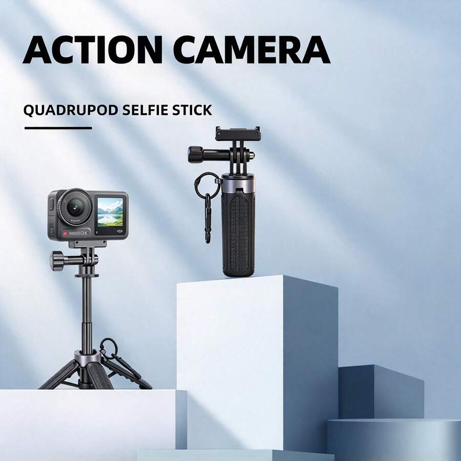 Multifunctional Extendable Action Camera Selfie Stick Tripod, Handheld Grip & Desktop Stand 2-In-1, With Portable Hanging Clip, Suitable For Vlog, Travel, Live Streaming And Outdoor Shooting