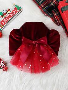 Cat & Dog Christmas New Year Fashion Solid Color Velvet Fabric With Puff Sleeves, Star Mesh Dog Dress - Red - View 2