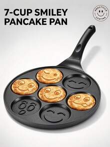 1pc 7-Hole Non-Stick Pancake Pan, Black Aluminum Alloy Smiling Face Mold Frying Pan, Round, Heat-Resistant Handle, Multi-Expression Breakfast Flat Pan, Suitable For Eggs, Pancakes, Omelets, Daily Home Kitchen Use - View 1