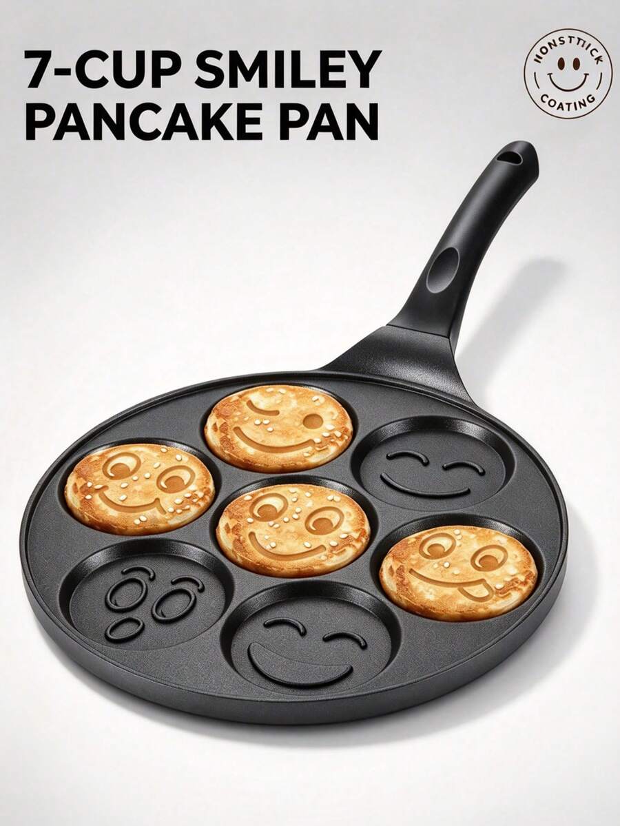 1pc 7-Hole Non-Stick Pancake Pan, Black Aluminum Alloy Smiling Face Mold Frying Pan, Round, Heat-Resistant Handle, Multi-Expression Breakfast Flat Pan, Suitable For Eggs, Pancakes, Omelets, Daily Home Kitchen Use - View 1