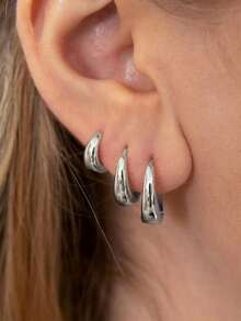 3 Pairs Fashion Simple Exaggerated Plain Hoop Earrings For Women Holiday Gift - Silver - View 5