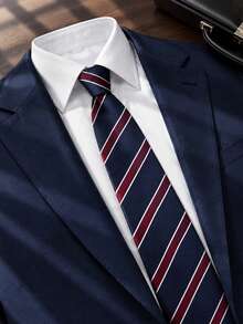 A Yarn-Dyed High-Density Navy Blue Base Burgundy Twill Business Tie, Unisex - Navy Blue and Burgundy Stripes - View 1