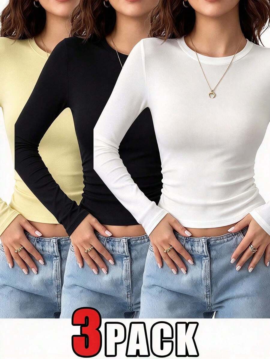 3pcs Women's Round Neck Long Sleeve T-Shirts, Spring/Autumn New Solid Color Casual Versatile Slim Fit Cropped Tops, Fashion Daily Wear - Multicolor - View 1