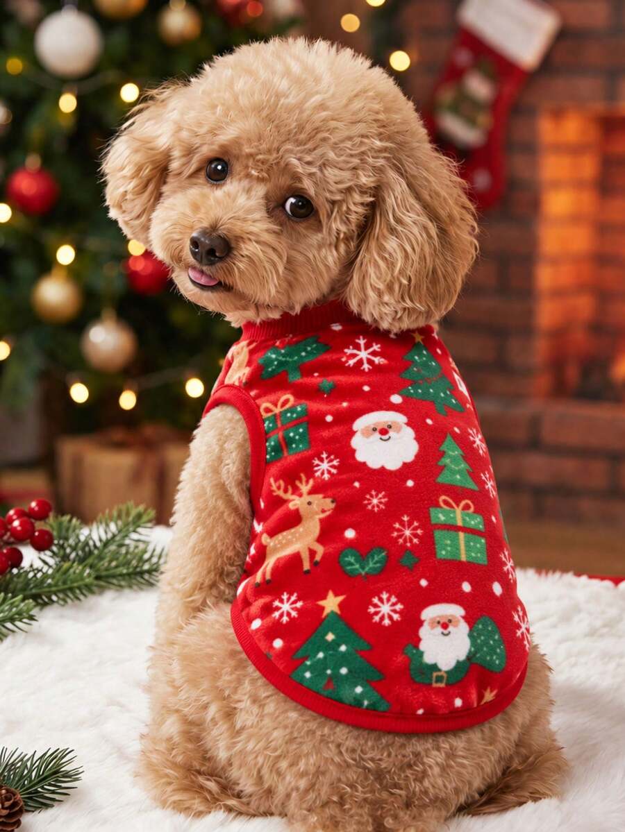 1pc Pet Christmas Cat & Dog Universal Red Gingerbread Man Snowflake Candy Cane Christmas Pattern Printed Plush Warm Comfortable Dog Christmas Outfit, Pet New Year Outfit, Pet Christmas Outfit, Multiple Sizes, Suitable For All Types Of Dogs - Multicolor - View 1