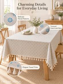 Bubaba Vintage Light Blue Daisy Floral Rectangular Tablecloth, Cotton Polyester Blend Linen Texture, With Cream Tassel Trim, Country Farmhouse Style Dining Room Decor, Suitable For Kitchen, Living Room, Daily Dining And Family Gatherings - Multicolor - View 5