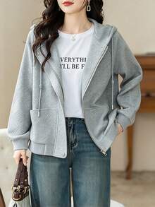 Women's Solid Color Casual Versatile Everyday Hooded Top - Light Grey - View 6