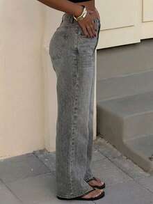 Pantalones Vaqueros Wide Leg Tiro Alto Lavado Gris Estilo Trabajo Grunge Retro 90s - Azul - Ver 2