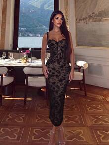 ADYCE Elegant Thick Strap Waist-Cinching Backless Fitted Fishbone Mid-Length Party Dress, Suitable For Prom, Homecoming, Wedding Guest, Formal Dinner, Christmas, Birthday Party - Black - View 1