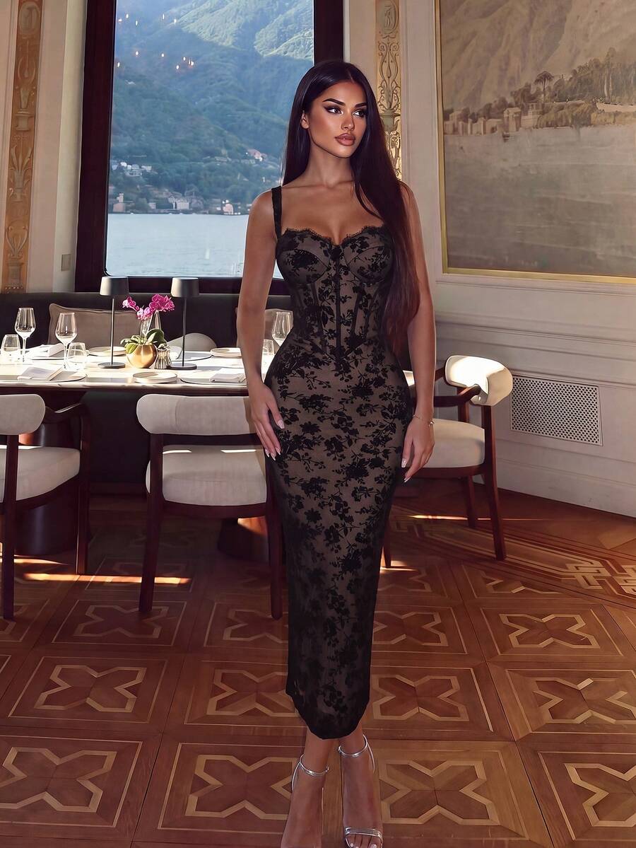 ADYCE Elegant Thick Strap Waist-Cinching Backless Fitted Fishbone Mid-Length Party Dress, Suitable For Prom, Homecoming, Wedding Guest, Formal Dinner, Christmas, Birthday Party - Black - View 1