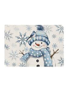 2Pcs Watercolor Snowman Placemats Blue Snowflake & Bird Print Winter Table Mats Farmhouse Winter Holiday Table Decor - Blue and White - View 12