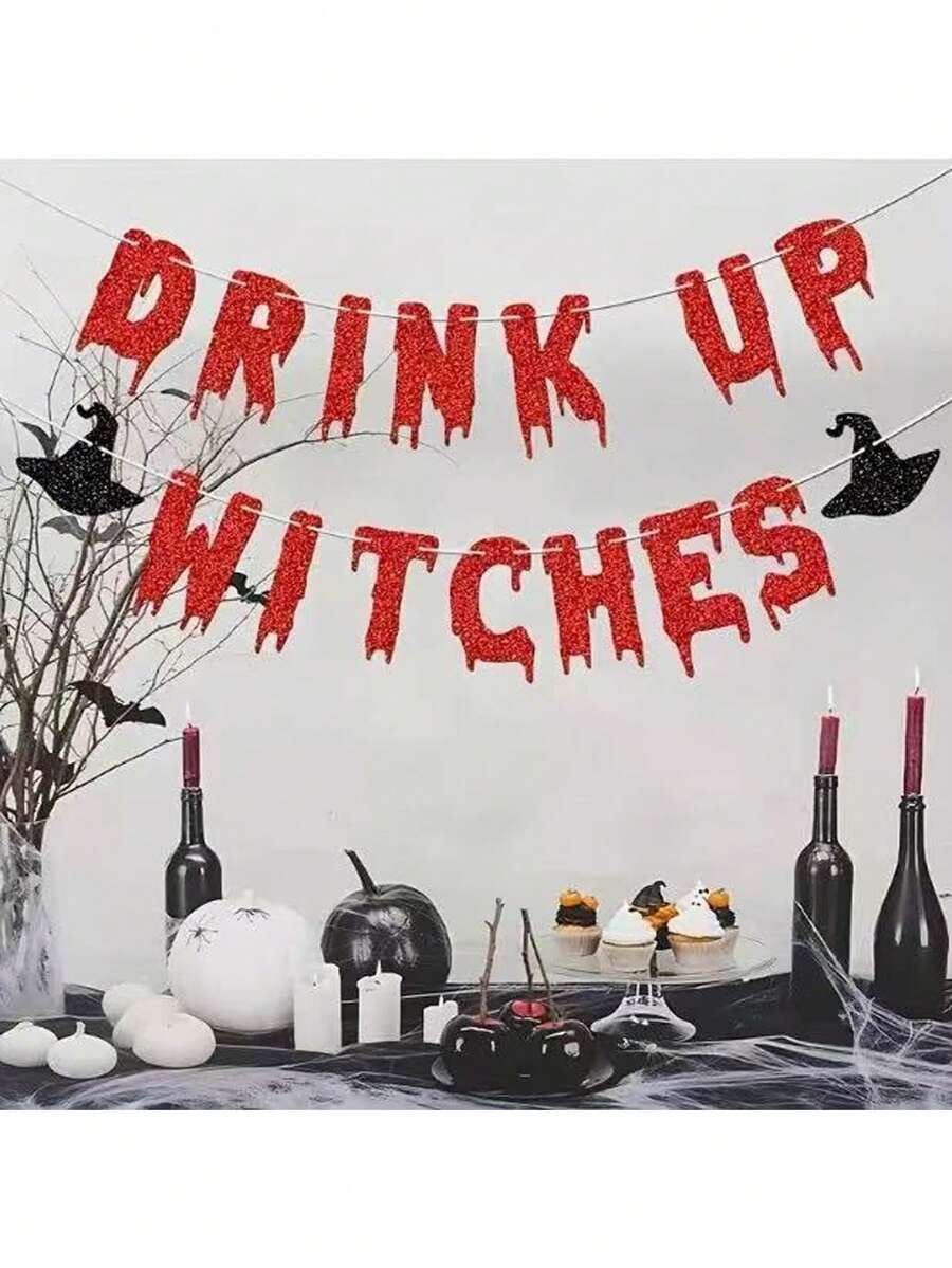 1 cái băng rôn tiệc Halloween Drink Up Witches, chữ kim tuyến với họa tiết mũ đen rùng rợn, hoàn hảo cho lễ kỷ niệm Halloween, không cần điện, trang trí Halloween, kim nhựa màu ngẫu nhiên - Nhiều màu - Xem 1