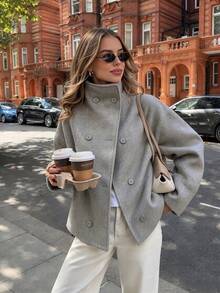 Business Casual Grey Wool Short Jacket | Women's Double-Breasted High Collar Blazer | 2026 Autumn/Winter Office Commute | Holiday Vacation Outfit - Grey - View 9