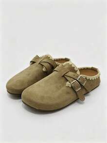 Women's Bohemian Style Faux Suede Closed Toe Mule Slippers With Round Toe, Double Buckle And Braided Trim - Khaki - View 10