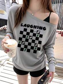 Light Gray Asymmetric One-Shoulder Plaid Ice Cream Letter Print Long Sleeve T-Shirt Women Autumn Side Ruched Slim Fit Pure Desire 2 In 1 Camisole Off-Shoulder Base Layer Top - Light Grey - View 4