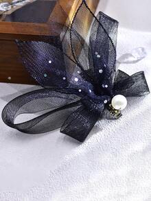 1 Pc Classic Black Mesh Bow Women's Hair Clip Fashionable Headwear Decorated With Rhinestones Pearls,Suitable For Gathering,Party,Daily Date - Black - View 9