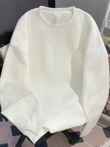 1pc Women's Solid Color Long Sleeve Crew Neck Pullover Sweatshirt, Fashion Street Style Casual Loose Versatile Top For Autumn/Winter - White - View 4