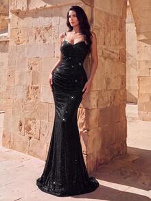 Elegant Sequin Spaghetti Strap Mermaid Evening Gown, Criss-Cross Open Back Design, Ruched Waist, Suitable For Wedding Reception And Formal Gala - Black - View 6