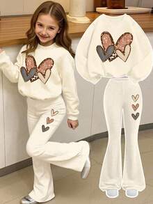 Young Girl Cartoon Heart Print Crew Neck Long Sleeve Top And Flare Pants - Apricot - View 1