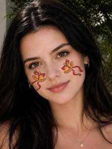 1 Sheet Temporary Face Tattoo Sticker Golden Bell And Red Bow Pattern Waterproof Long Lasting Face Body Art Decal Easy To Apply For Women Christmas Party Makeup Accessory - Multicolor - View 3