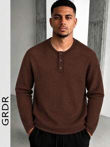 GRDR Men's Brown Hollow Mesh Henley Collar Knit Sweater, Textured Half-Button Long Sleeve Slim Fit Pullover Top, Autumn/Winter - Brown - View 2