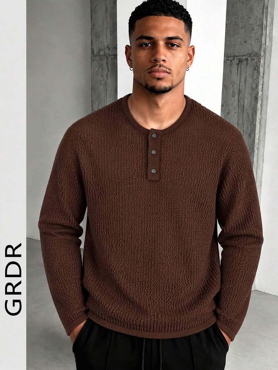 GRDR Men's Brown Hollow Mesh Henley Collar Knit Sweater, Textured Half-Button Long Sleeve Slim Fit Pullover Top, Autumn/Winter