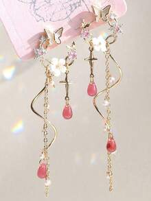 2pcs Lightweight Luxury Spring/Summer Colorful Tassel Butterfly Print Earrings, Suitable For Women Daily, Vacation, Party, Gathering - Multicolor - View 1