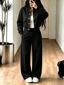 2pcs Falloutfits Women's Sports Set, Fashionable & Comfortable Solid Color Jacket And Casual Pants, Suitable For Autumn/Winter - Black - View 3