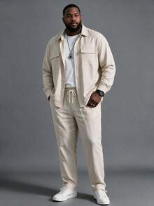 Men's Plus Size Solid Color Dual Pocket Long Sleeve Shirt And Pants Set, Contrast Drawstring Detail, Casual Fashion Minimalist Ramadan Commute Streetwear Summer New 2 Pieces Outfit - Apricot - View 2