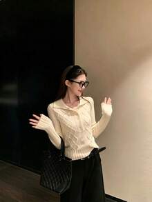 Autumn/Winter New Elegant Versatile Cable Knit Polo Collar Sweater, Vintage Slim Fit Cropped Knit Top - Apricot - View 5