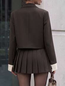 minisummer Women Elegant Fall Brown Cropped Blazer Jacket, Contrast White Cuff Lapel Long‑Sleeve Short Outerwear - Coffee Brown - View 3