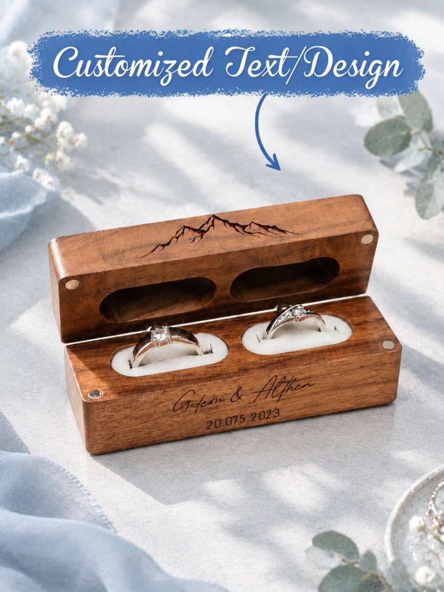 Personalized Wedding Ring Box, Ring Holder, Slim Unique Ring Stand, Ring Box, Proposal, Modern Country Style Wedding, Wide Wooden Double Ring Box, Wedding Ring Box, Wooden Ring Box, Double Ring Box, Engagement Ring Box, Ring Box Stand, Country Wedding, Engraved - Multi-color - Horizontal Wooden Ring Box - View 1