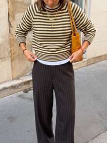 Women's Knitted Striped Long Sleeve Pullover Sweater , Vacation , Fall Winter, Office - Coffee Brown - View 7