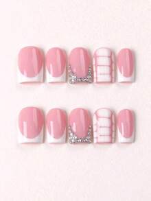 10pcs Short Square Press-On Nails, Pink French Tip With Iridescent Rhinestones And Hand-Painted Plaid, Reusable Sweet Girly Style Fake Nails, Suitable For Work, Dating, Shopping, Travel And Gifting, No Lamp Required, Suitable For Students, Girls, Moms And All Women - Pink - View 9