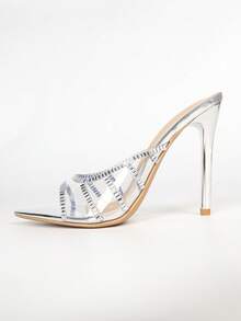 Women's Silver Pointed Toe Stiletto High Heel Sandals, Transparent Mesh Rhinestone Thin Strap Outdoor Party Evening Dress Shoes, Solid Color Sexy PVC Rhinestone Pointed Toe Sandals, Transparent Mesh, Rhinestone Thin Strap, Stiletto High Heel, Silver, Party Evening Dress Shoes, Summer - Silver - View 6