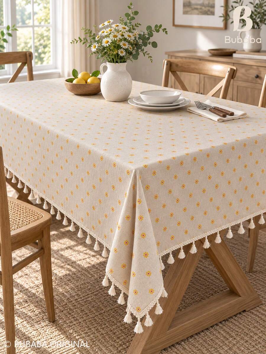 Bubaba Vintage Yellow Daisy Floral Print Rectangular Tablecloth, Beige ...