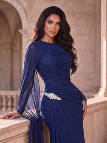 Elegant Women's Navy Blue Pleated Mesh Long Sleeve Evening Gown, Rhinestone Embellished, Round Neck Asymmetric Mermaid Formal Long Dress - Navy Blue - View 3