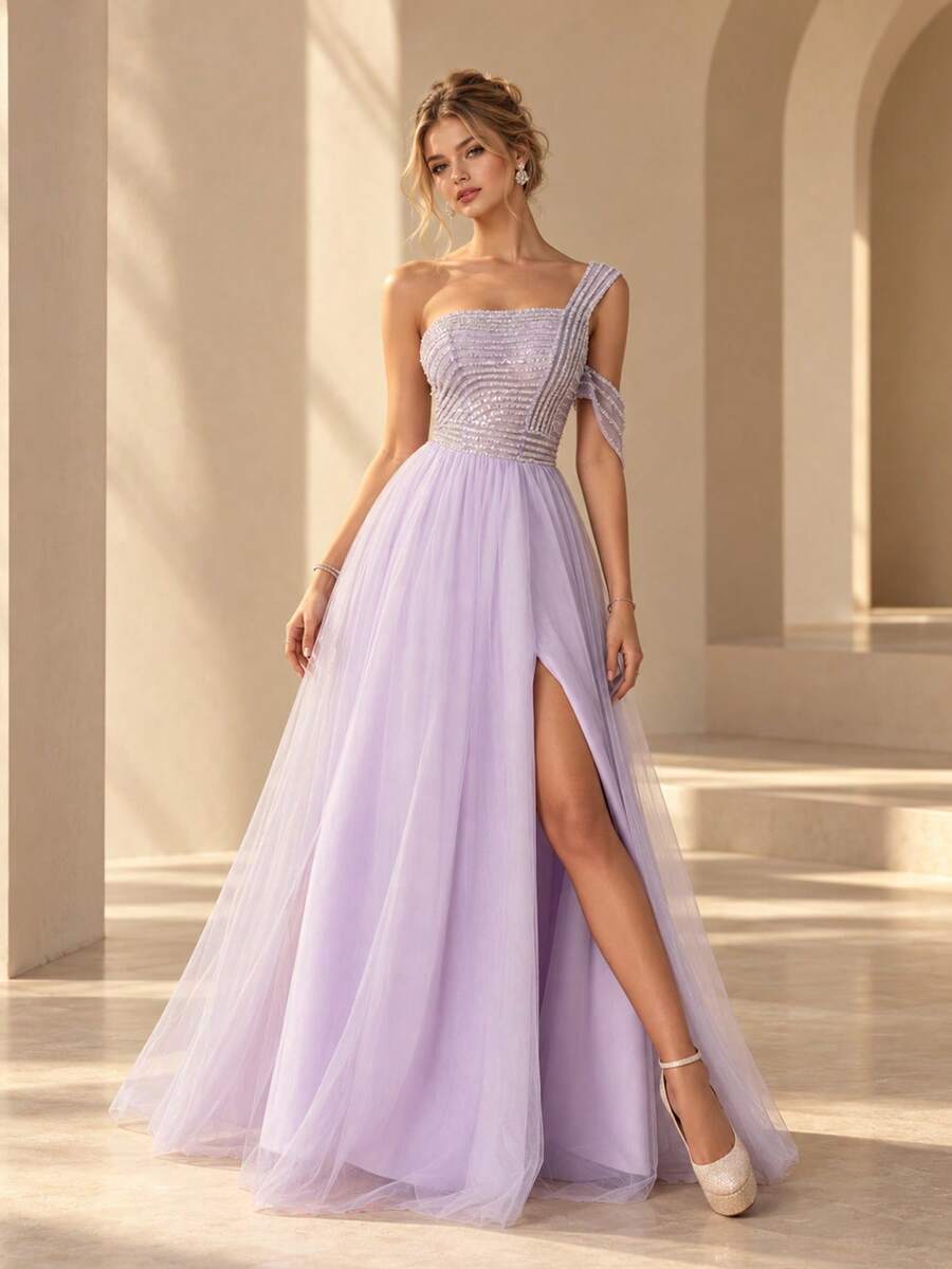 VIPGIRL Đầm dạ hội nữ một vai đính sequin, phối ruy băng và lưới, xẻ cao, dài chạm sàn, phong cách thanh lịch sang trọng - Màu tím - Xem 1