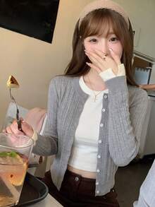 Women's Autumn/Winter Korean Style Casual Grey Colorblock Embroidered Cable Knit Long Sleeve Single-Breasted Cardigan - Grey - View 3