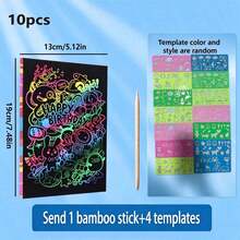 50pcs Magic Scratch Paper With 5 Bamboo Sticks Toy, Suitable For Halloween Gifts And Christmas, Soft Party Favor Fillers, Rainbow Art Scratch Set, School Supplies, Birthday Party And Holiday Gifts, Exquisite And Unique - Template Colors And Styles Randomly Presented - Multicolor - View 12