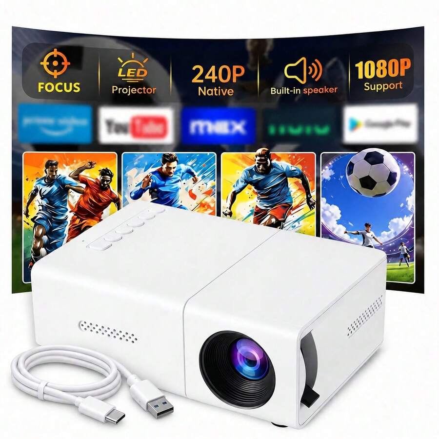 2026 Upgraded Mini Portable Projector, LCD Home Theater Projector With Built-In Speaker & Fast Focus, USB Powered, Compatible With Smartphone, Tablet, Laptop, TV Stick, For Movies, Gaming, Presentations & Home Entertainment - White - View 1