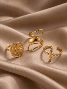3pcs Gold Vintage Symbol Rings Set, Round Bead Cross, Square Sun, Spiral Curve, Open Adjustable, Stackable Versatile, Luxury Women's Style - Gold - View 1