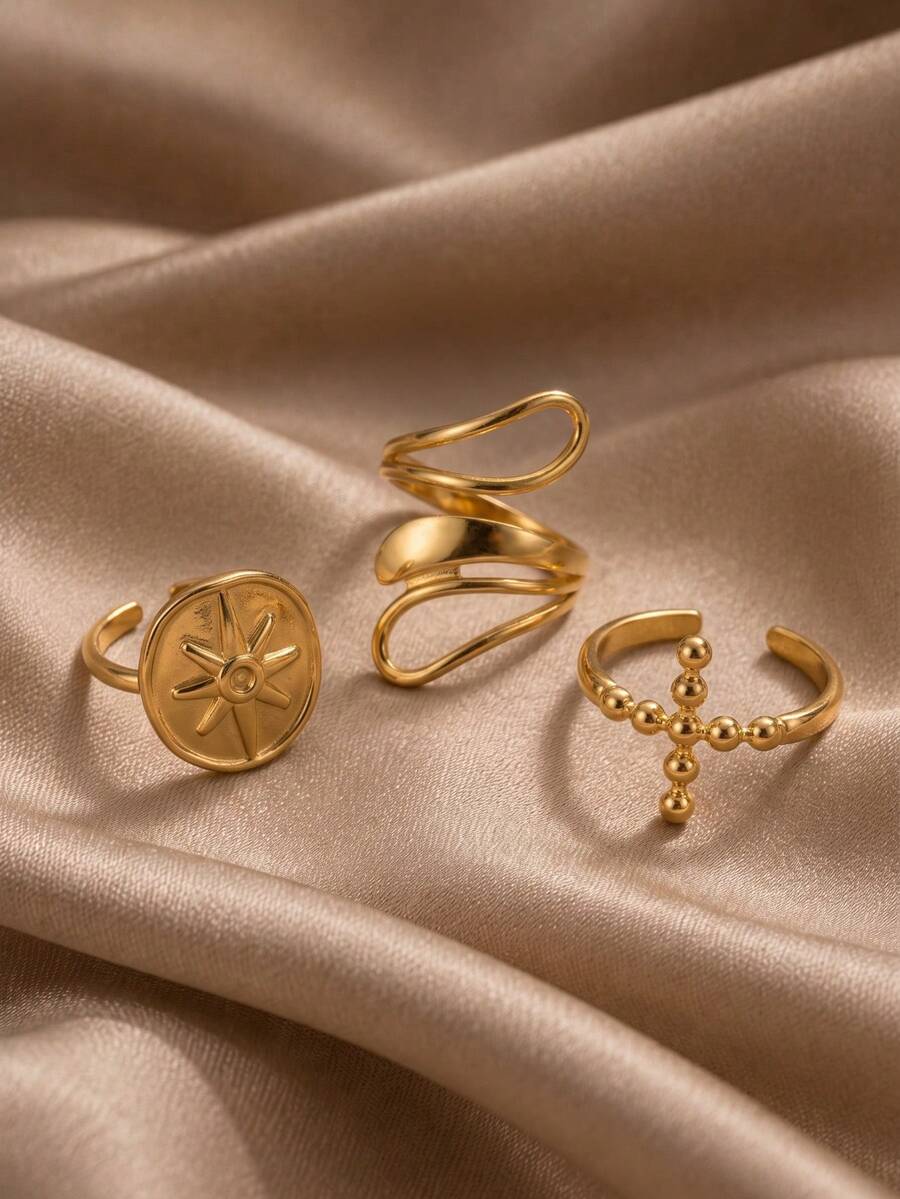 3pcs Gold Vintage Symbol Rings Set, Round Bead Cross, Square Sun, Spiral Curve, Open Adjustable, Stackable Versatile, Luxury Women's Style - Gold - View 1