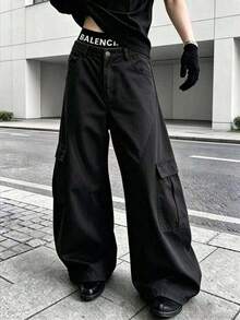 Men's Spring/Autumn Casual Fashion Straight Leg Cargo Pants With Side Pockets And Button Closure For Outdoor Wear - Black - View 1